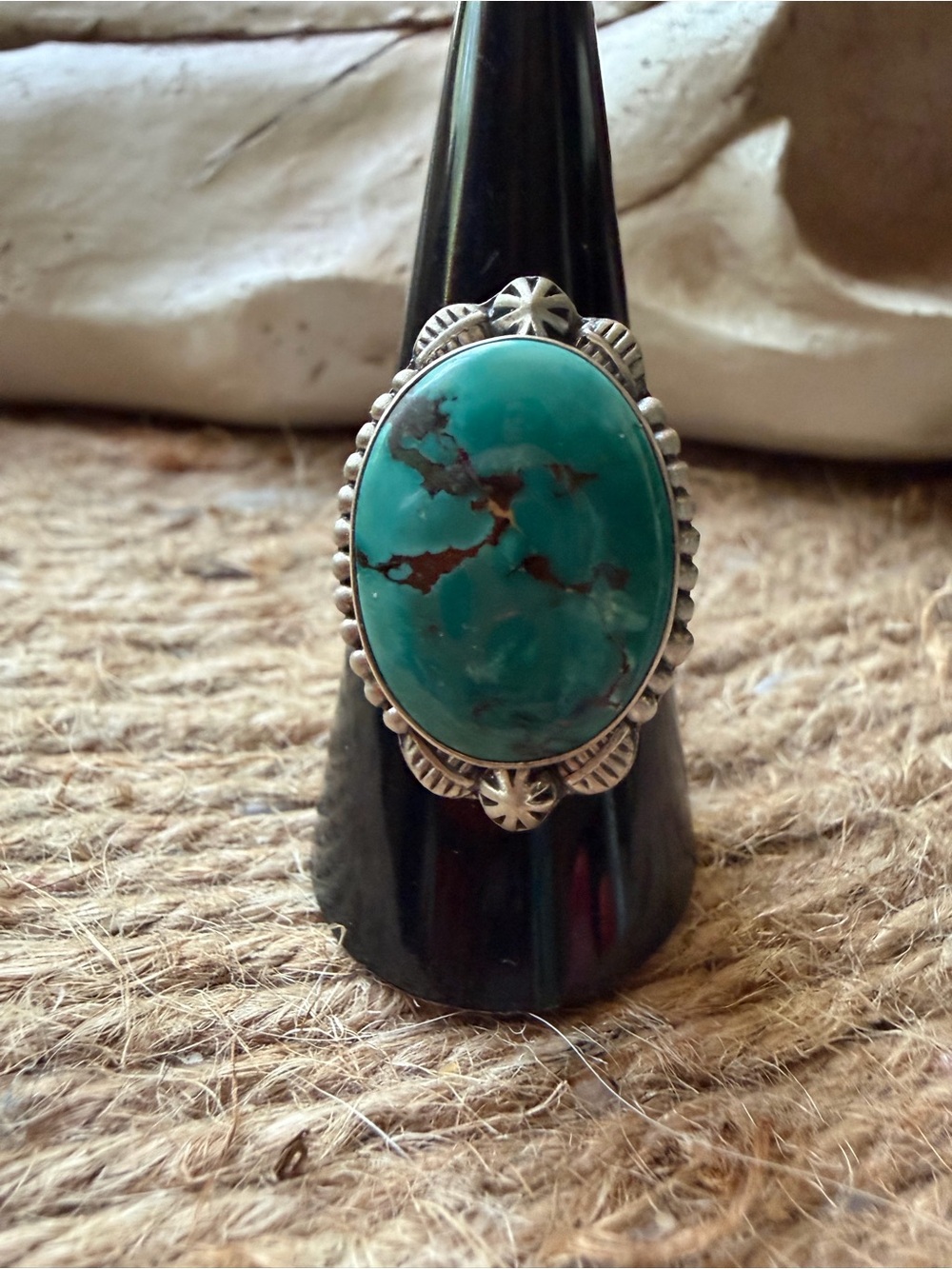 Turquoise Sterling Silver Statement Ring 925 adjustable band - Picture 3 of 7